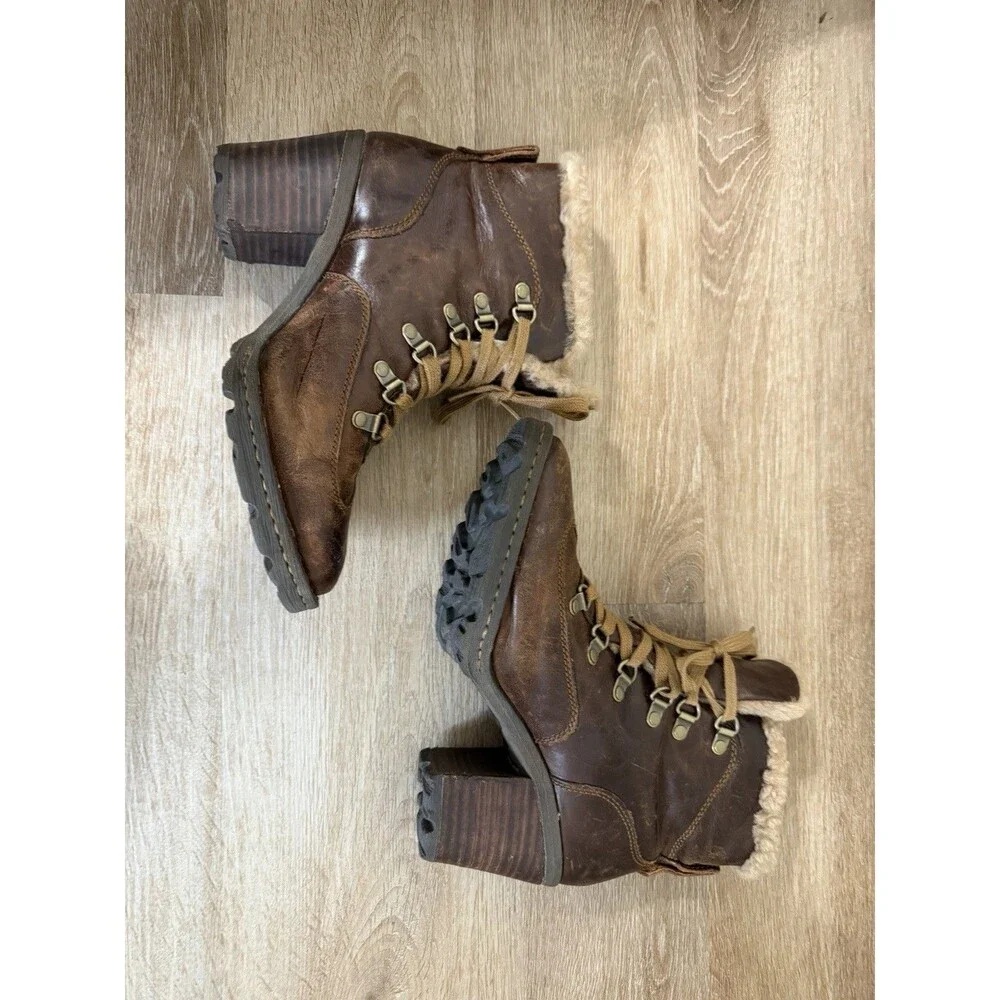 Born Bellatrix Brown Leather Shearling Lined Heeled Bootie Lace Up Women’s 8.5